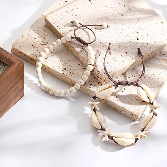 2Pcs Natural Shell Starfish Beads Bracelet, Hand Woven Adjustable Beach Bracelet Anklet, Bracelet Set