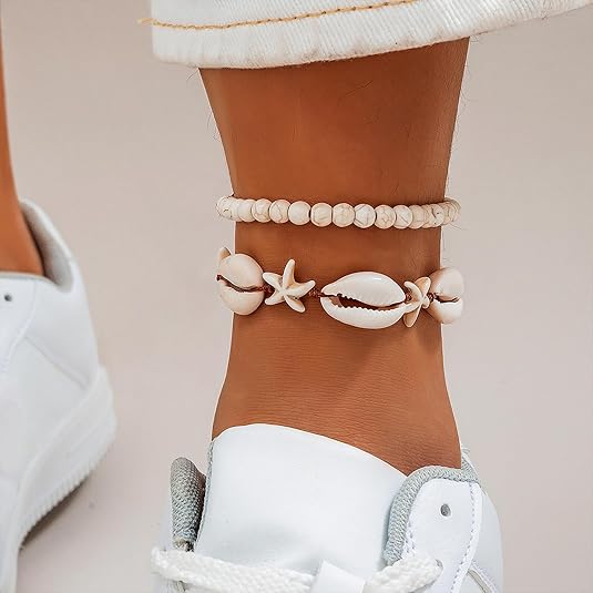 2Pcs Natural Shell Starfish Beads Bracelet, Hand Woven Adjustable Beach Bracelet Anklet, Bracelet Set