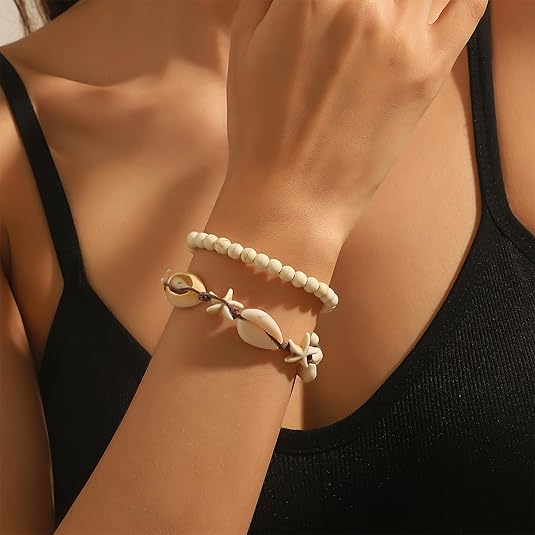 2Pcs Natural Shell Starfish Beads Bracelet, Hand Woven Adjustable Beach Bracelet Anklet, Bracelet Set