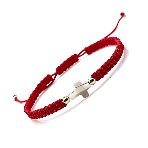 Adjustable Red String Hand-woven Bracelet with Mother of Pearl Cross - Spiritual Jewelry for Women