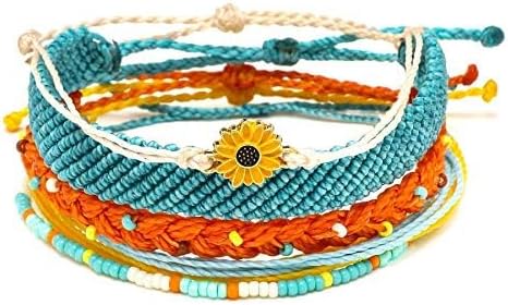 5PCS Woven Sunflower Bracelets for Women Couple Handmade Wrap Rope Charm Beach Surf Braided Adjustable Strings Boyfriend Girlfriend Mother Daughter Friendship Gifts