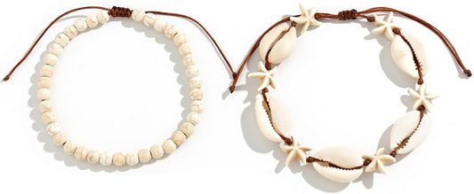 2Pcs Natural Shell Starfish Beads Bracelet, Hand Woven Adjustable Beach Bracelet Anklet, Bracelet Set