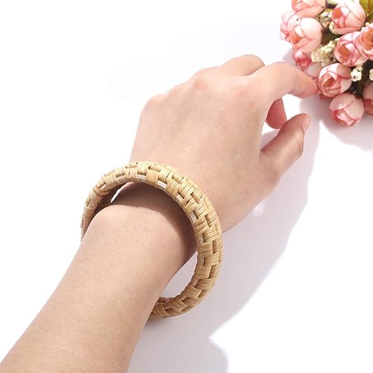 Rattan Bracelet For Women Handmade Lightweight Straw Wicker Braid Woven Bangle Bracelet Statement Chunky Bangle Bracelet (Classic A)