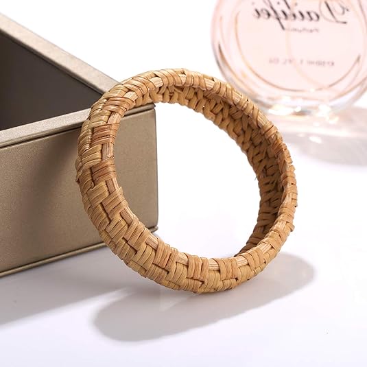 Rattan Bracelet For Women Handmade Lightweight Straw Wicker Braid Woven Bangle Bracelet Statement Chunky Bangle Bracelet (Classic A)