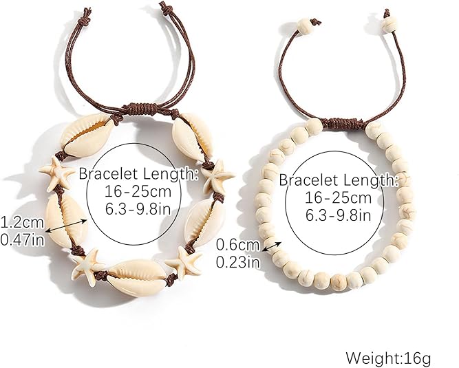 2Pcs Natural Shell Starfish Beads Bracelet, Hand Woven Adjustable Beach Bracelet Anklet, Bracelet Set