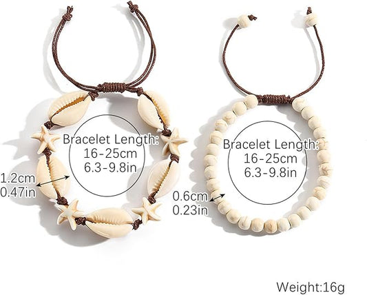 2Pcs Natural Shell Starfish Beads Bracelet, Hand Woven Adjustable Beach Bracelet Anklet, Bracelet Set