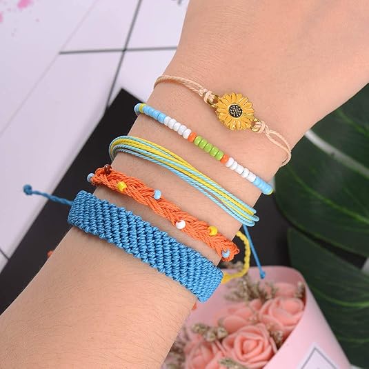 5PCS Woven Sunflower Bracelets for Women Couple Handmade Wrap Rope Charm Beach Surf Braided Adjustable Strings Boyfriend Girlfriend Mother Daughter Friendship Gifts