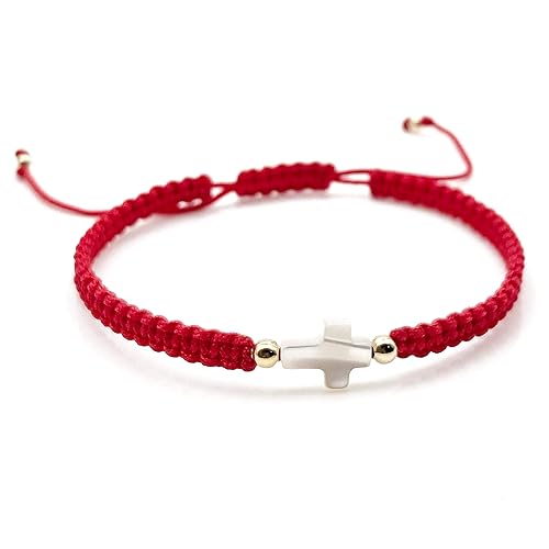 Adjustable Red String Hand-woven Bracelet with Mother of Pearl Cross - Spiritual Jewelry for Women