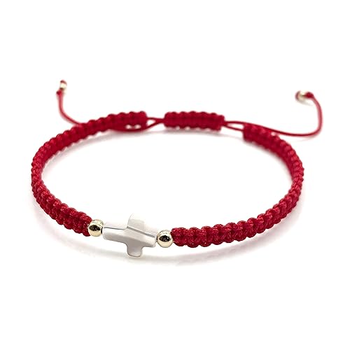 Adjustable Red String Hand-woven Bracelet with Mother of Pearl Cross - Spiritual Jewelry for Women