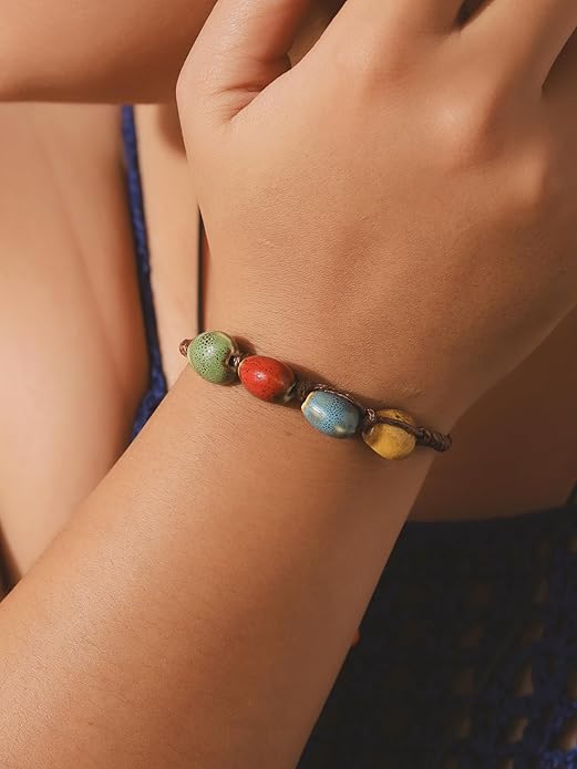 Colorful Ceramic Bead Adjustable Cord Bracelet, Boho Hippie Summer Jewelry Gift for Women