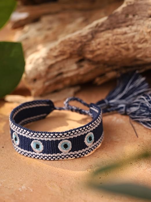Hand-Woven Rope Bracelet with Embroidered Evil Eye Charms, Blue Tone, Bohemian Lucky Jewelry for Women