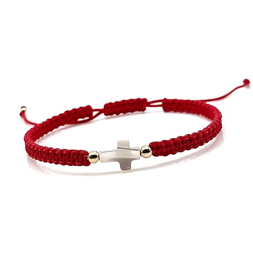 Adjustable Red String Hand-woven Bracelet with Mother of Pearl Cross - Spiritual Jewelry for Women