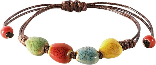 Colorful Ceramic Bead Adjustable Cord Bracelet, Boho Hippie Summer Jewelry Gift for Women