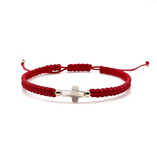 Adjustable Red String Hand-woven Bracelet with Mother of Pearl Cross - Spiritual Jewelry for Women