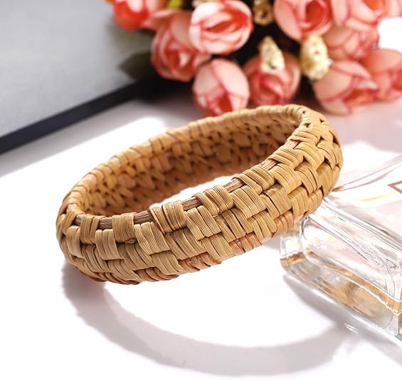 Rattan Bracelet For Women Handmade Lightweight Straw Wicker Braid Woven Bangle Bracelet Statement Chunky Bangle Bracelet (Classic A)