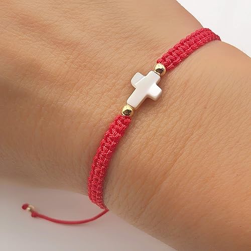 Adjustable Red String Hand-woven Bracelet with Mother of Pearl Cross - Spiritual Jewelry for Women