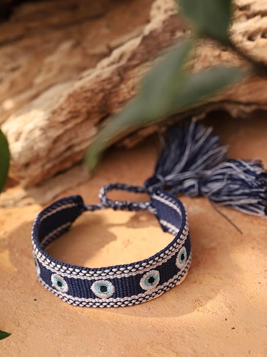 Hand-Woven Rope Bracelet with Embroidered Evil Eye Charms, Blue Tone, Bohemian Lucky Jewelry for Women