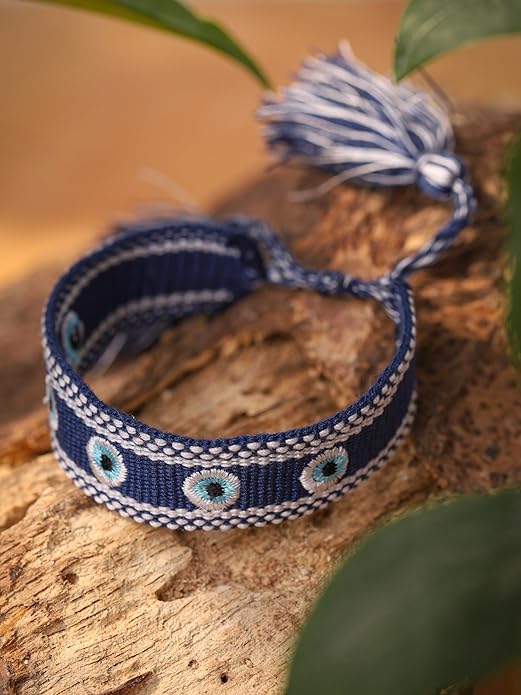 Hand-Woven Rope Bracelet with Embroidered Evil Eye Charms, Blue Tone, Bohemian Lucky Jewelry for Women