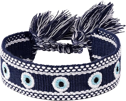 Hand-Woven Rope Bracelet with Embroidered Evil Eye Charms, Blue Tone, Bohemian Lucky Jewelry for Women