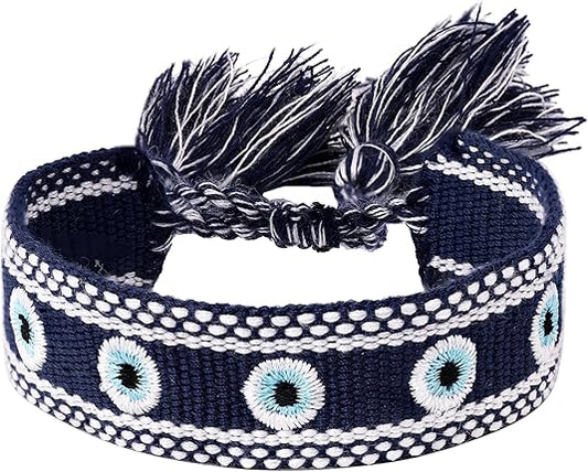 Hand-Woven Rope Bracelet with Embroidered Evil Eye Charms, Blue Tone, Bohemian Lucky Jewelry for Women